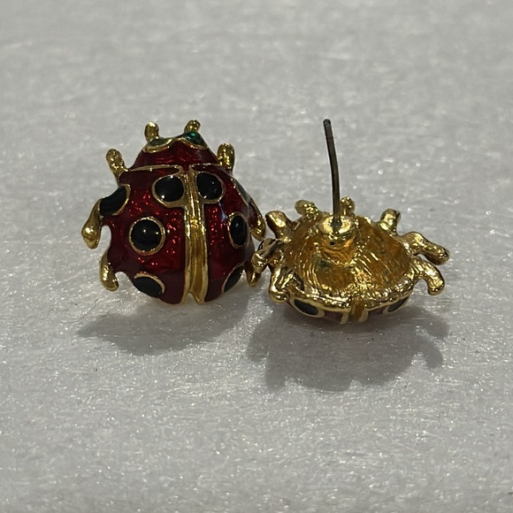 Vintage lady bug red gold post earrings - Picture 2 of 3